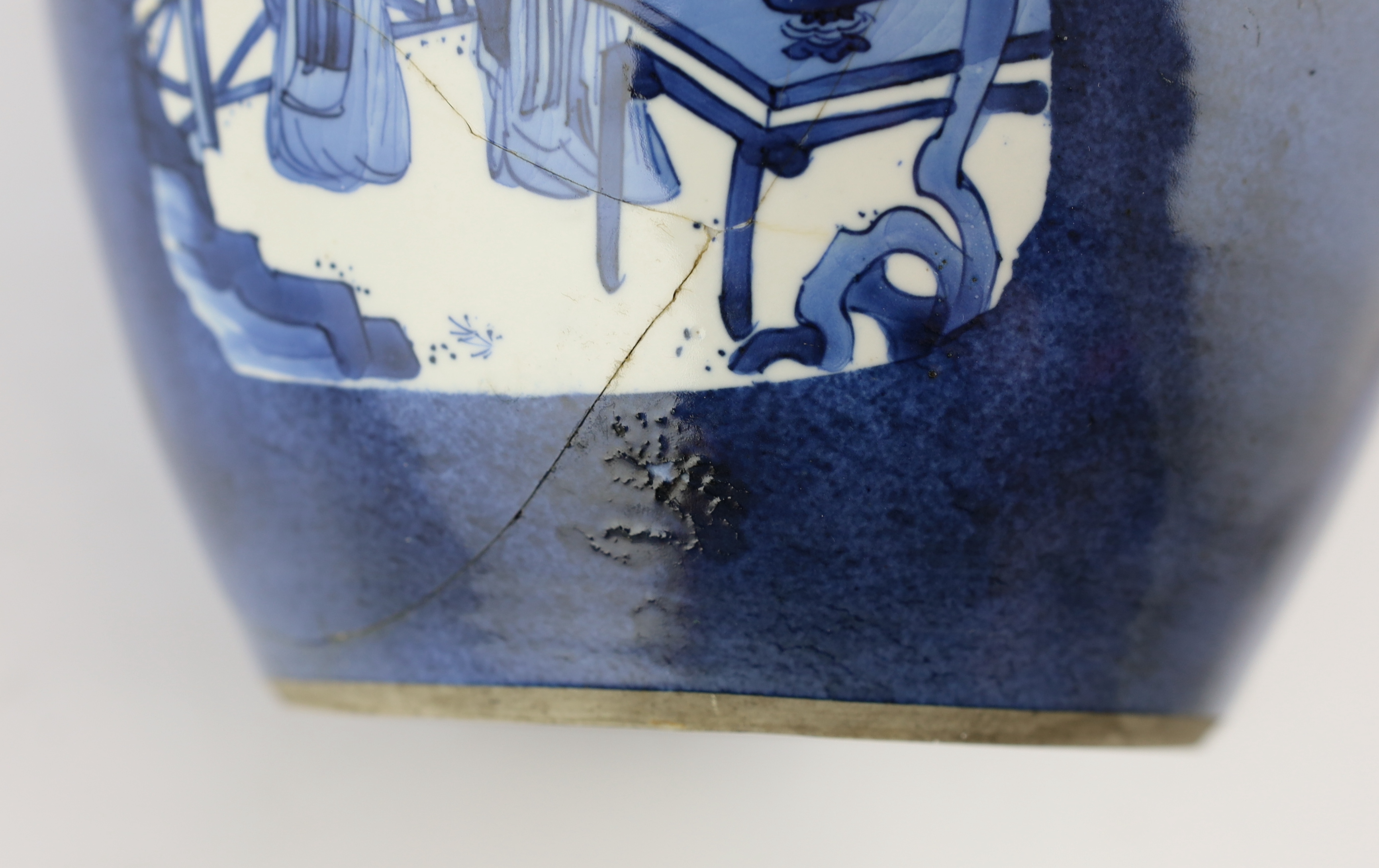 A large Chinese powder blue jar and cover, Kangxi period, cracked and a section glued